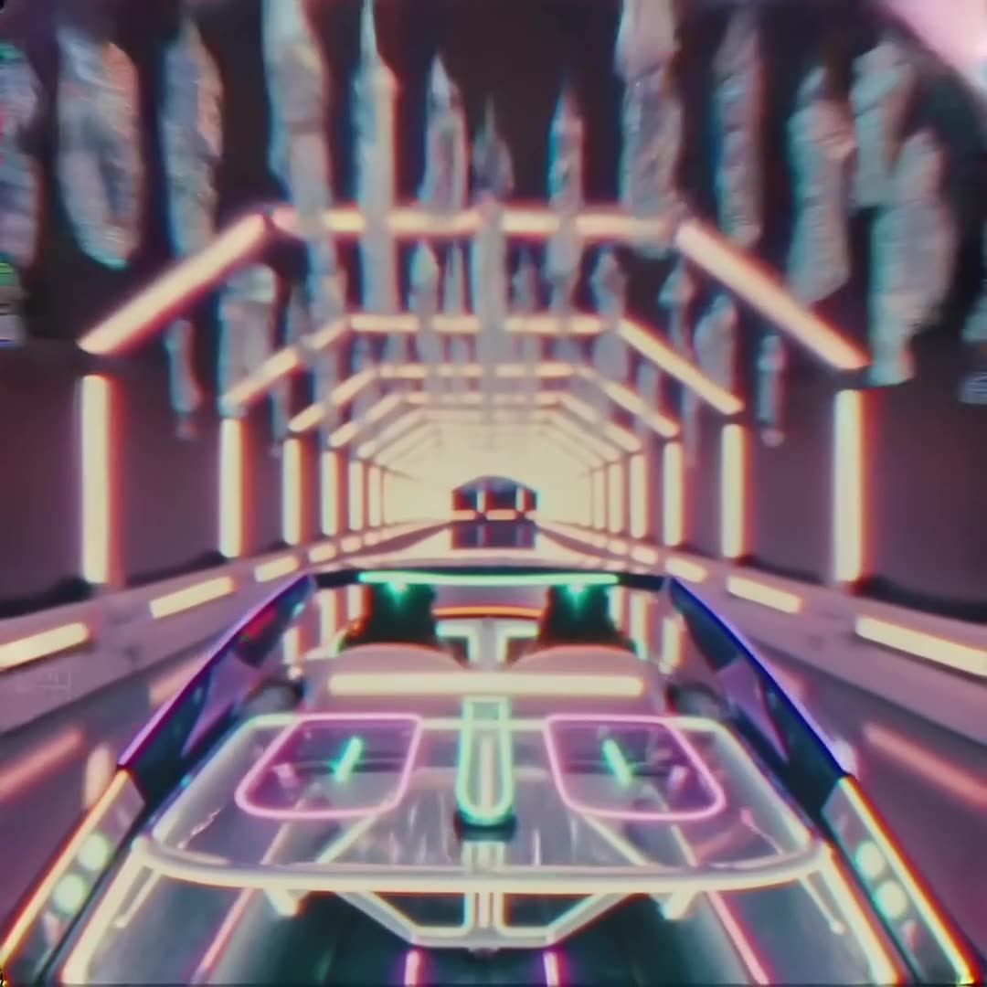 A futuristic car made of clear acrylic and neon lights drives through a tunnel of hanging…