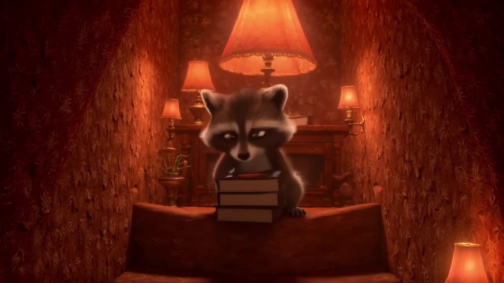 A playful raccoon sits in a luxurious reading nook, dramatically knocking over a stack of…