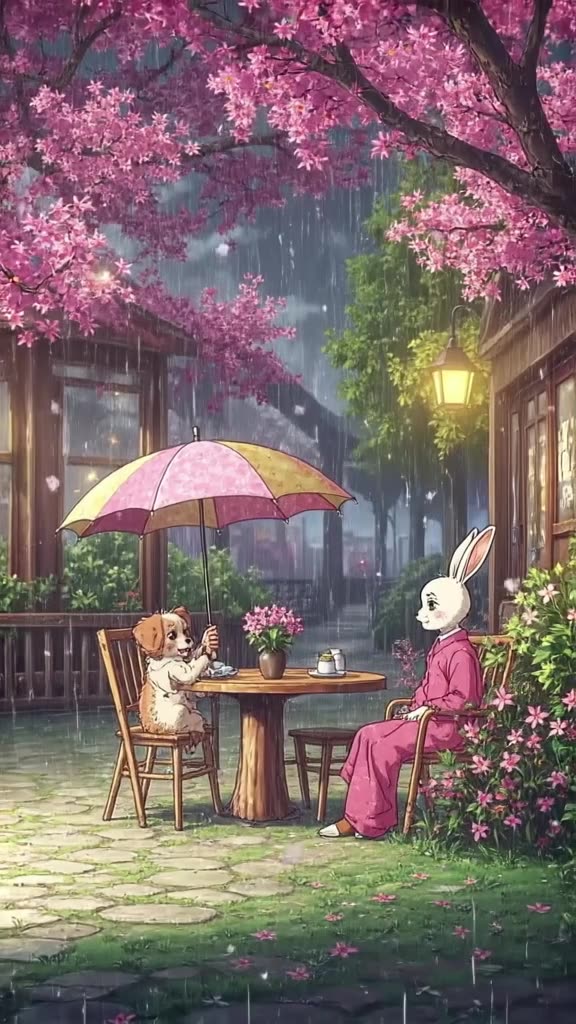 Anime style: A small dog and a rabbit share an umbrella in the rain outside a cute café. …