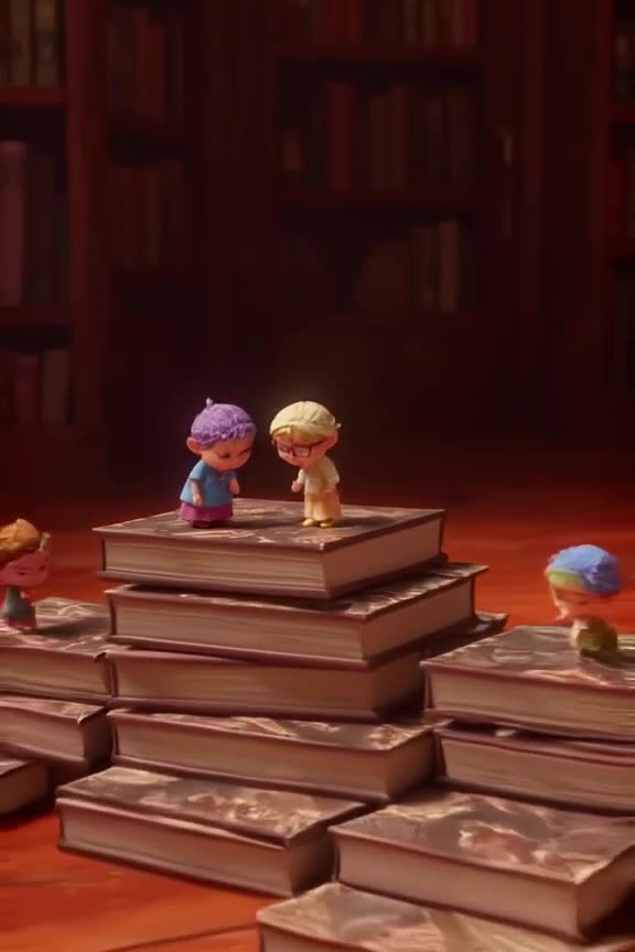 A stack of hardcover books slides across a wooden floor, forming a perfect miniature stag…