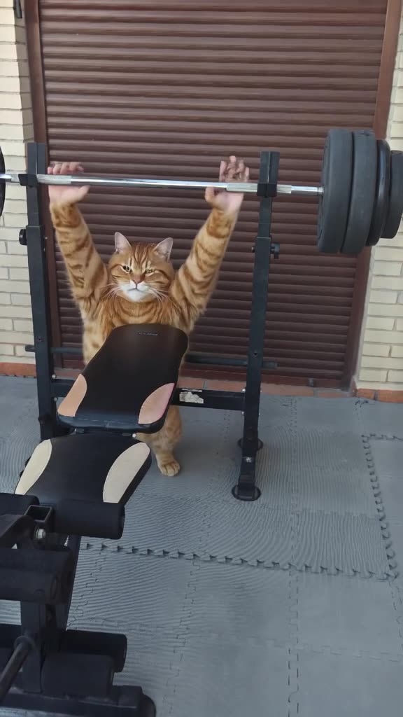 A plump orange tabby cat strains to pull a heavy barbell down a sunlit suburban driveway,…