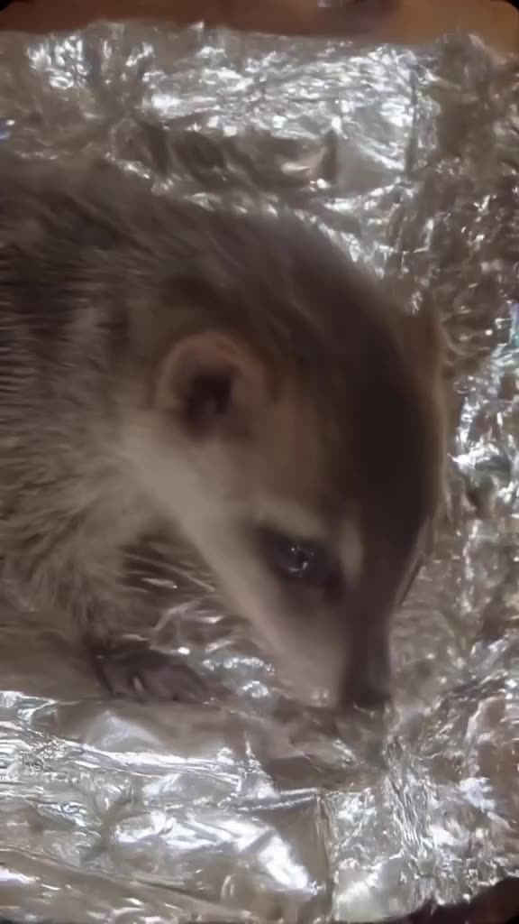 A close-up of a ferret trying to steal a whole cheesecake. It gets its head stuck in the …
