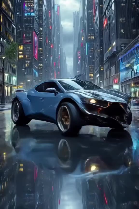 A robotic dinosaur transforms from a sleek sports car on a racetrack. Wheels retract, eng…