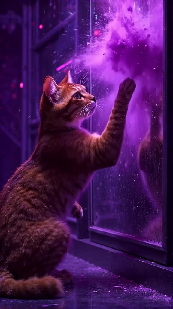 A Siamese cat sits in front of a mirror. A burst of purple powder hits the glass, obscuri…
