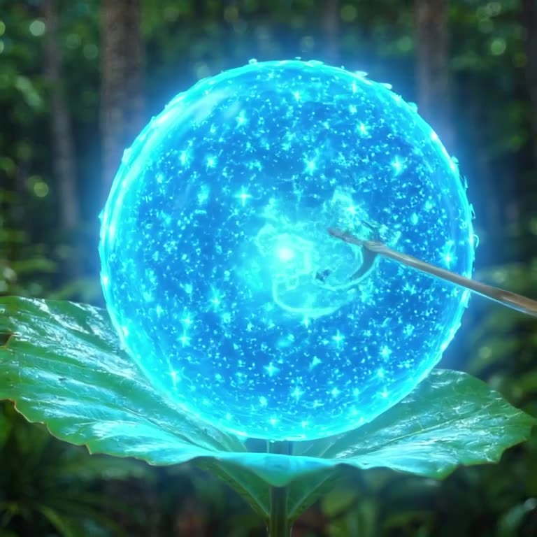 A giant leaf holds a sphere of neon-blue galaxy ramen broth. A chopstick pierces it, caus…