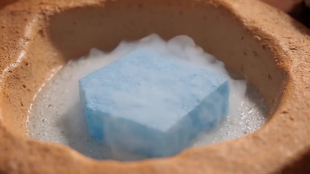 A block of blue ice melts rapidly in a warm bath, transforming into a swirling cloud of v…