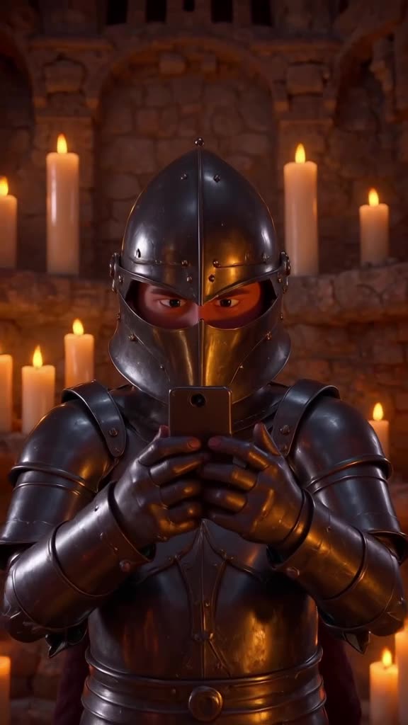 A 3d medieval knight in polished plate armor holds a smartphone like a holy relic, squint…