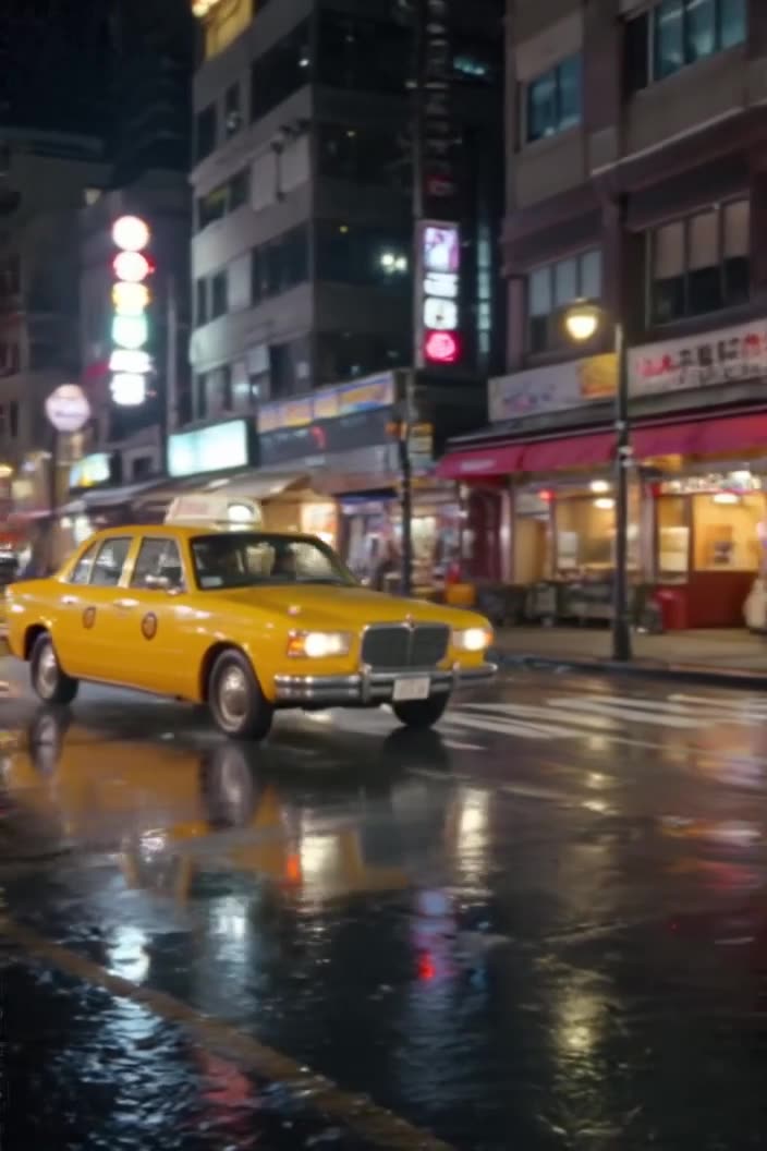 A vintage yellow taxi cab drives through a rainy Tokyo street at night, neon signs reflec…