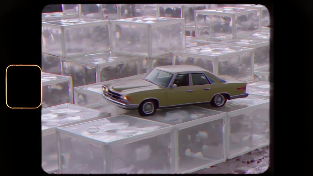 A vintage 80s VHS car drives through a pixelated world of giant Jell-O cubes. The video q…