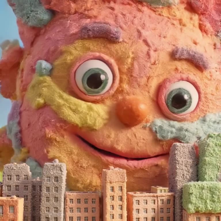 A claymation city skyline slowly morphs into a giant, smiling face made of buildings. The…