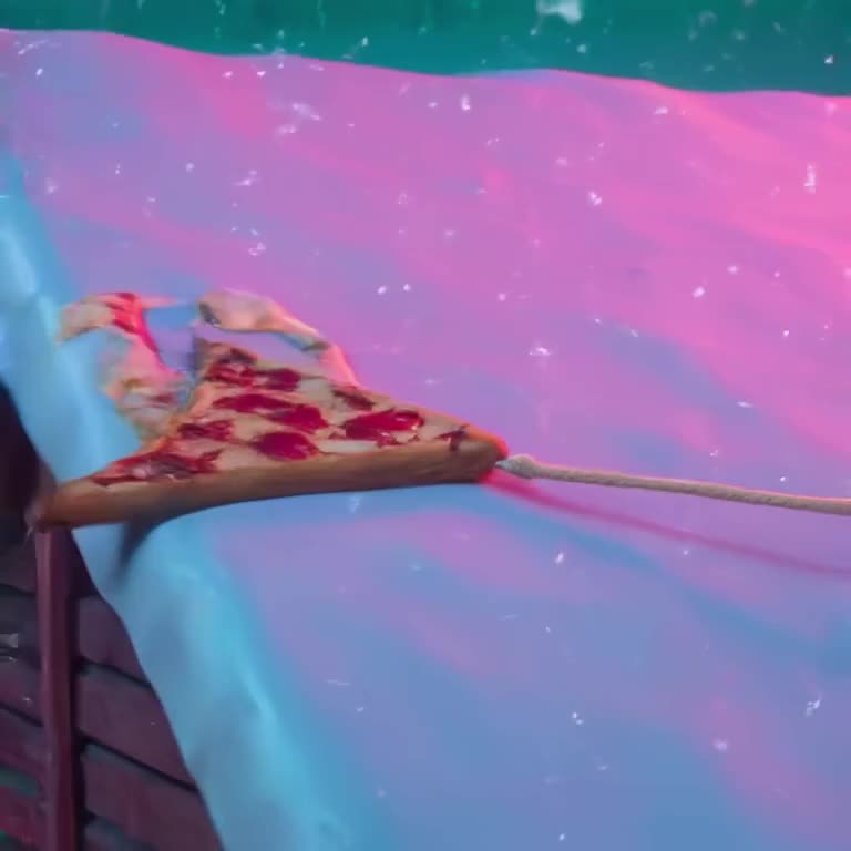 A slice of pizza slices itself like a snowboard cut, sliding across a snowy roof with che…