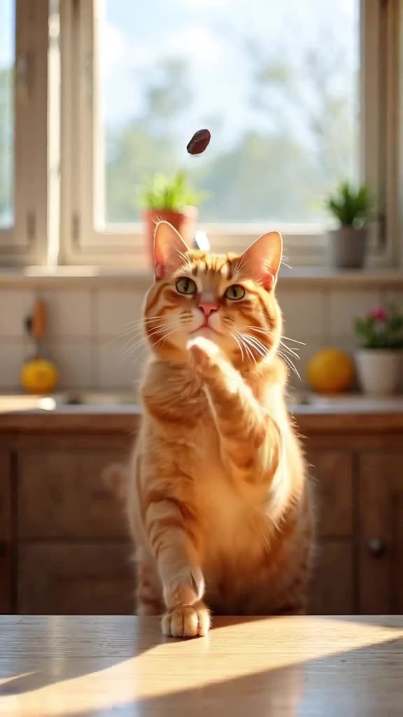 An orange tabby cat bats a suspended espresso bean back and forth like a tennis rally. Br…