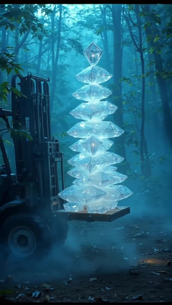 A forklift carefully carries a stack of floating, glowing crystals through a foggy forest…