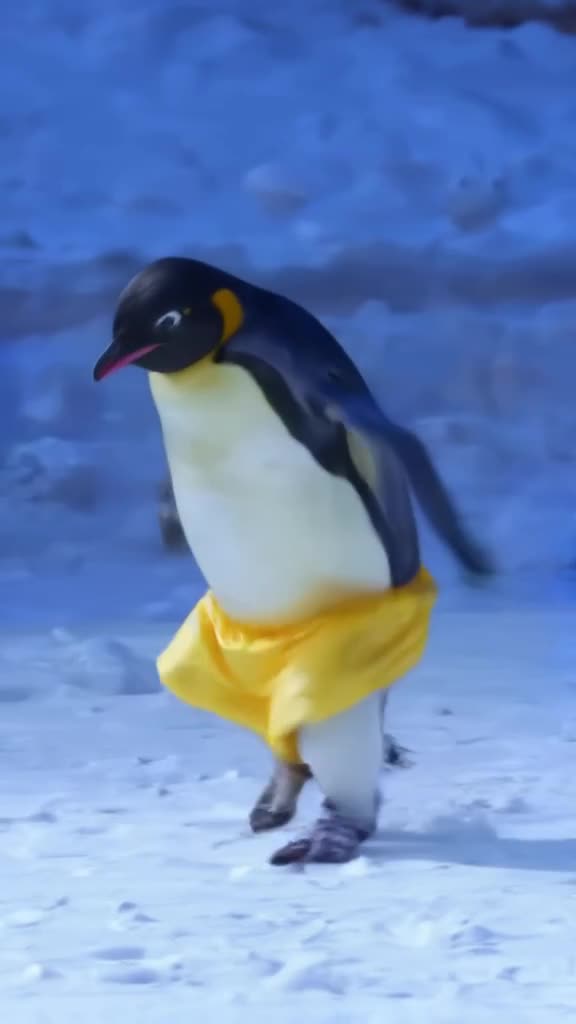 A penguin in yellow boxing shorts hops on one foot, dodging swings in a snowy arena. Icy …