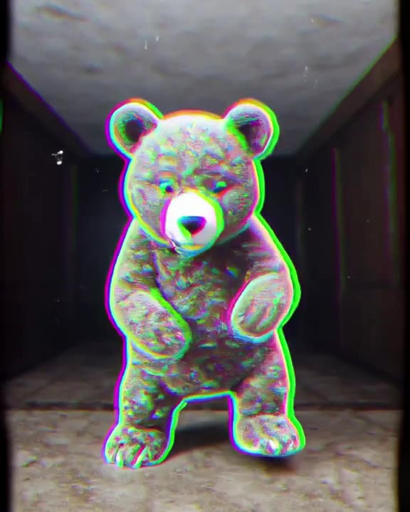 A vintage VHS tape plays itself, but the static forms into a dancing bear made of neon pi…