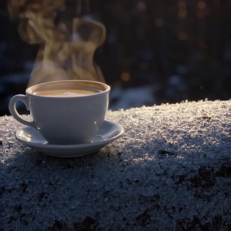 A steaming cup of coffee rests on a snowy log. Ice crystals form instantly in slow motion…