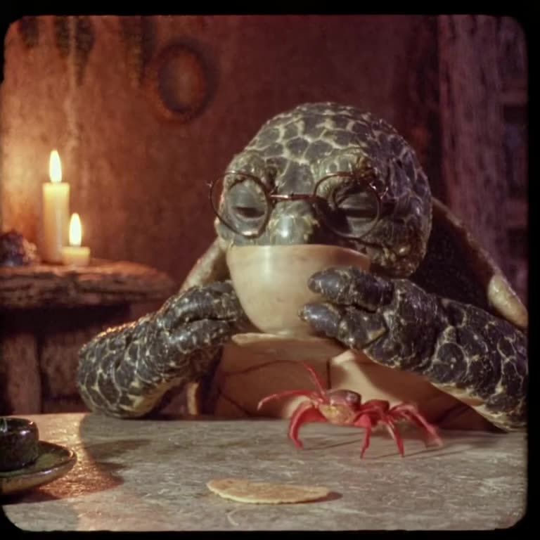 A wise old turtle wears a monocle, sipping tea from a shell cup. A curious crab scuttles …