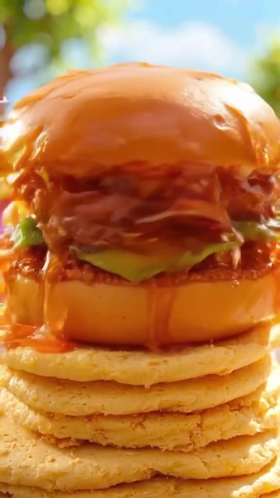 A burger falls onto a stack of fluffy pancakes. The camera shakes slightly on impact, sen…
