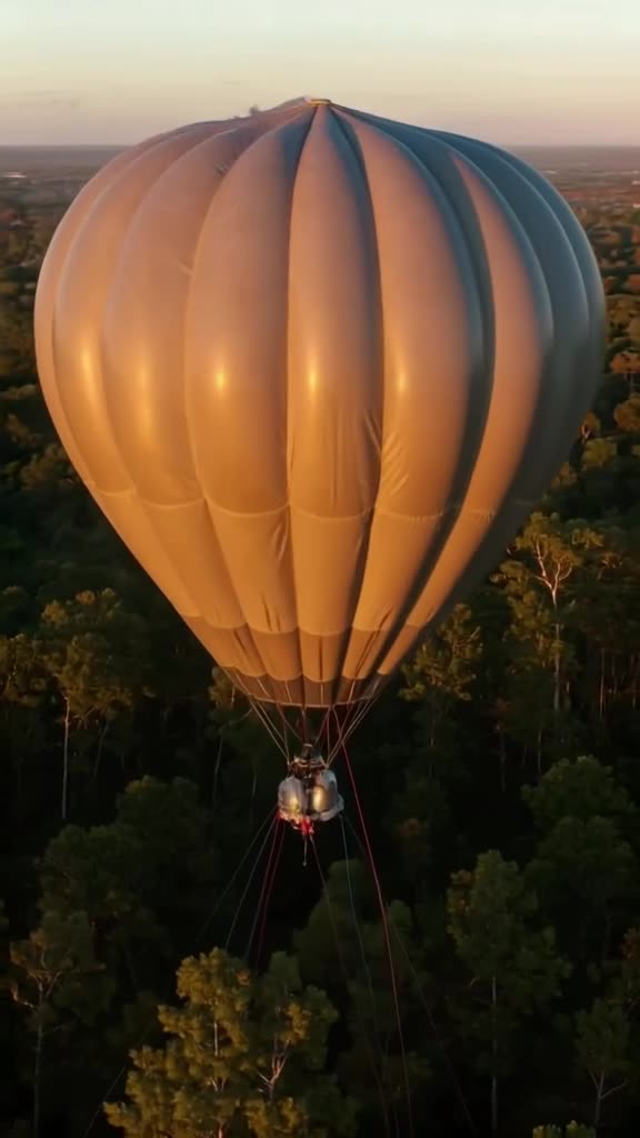 A giant balloon house floats gently above a forest canopy, tethered by long, colorful rop…