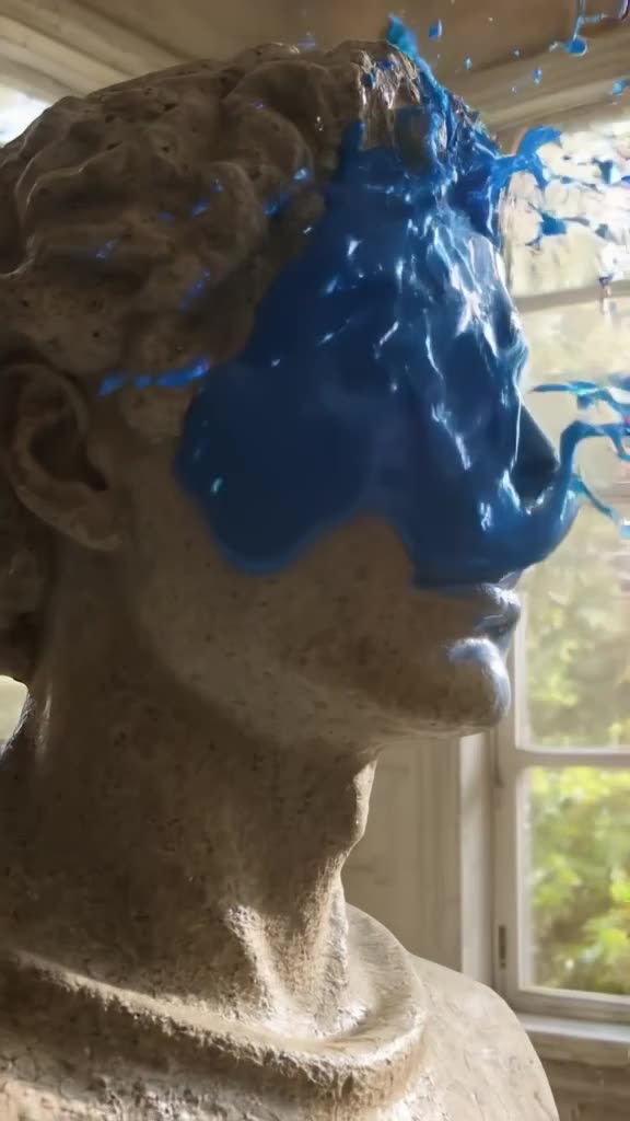 A realistic marble bust of Caesar sneezes violently, launching a blob of bright blue acry…