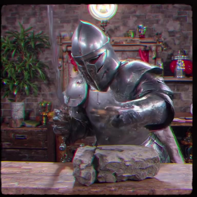A medieval knight draws a shining sword from a stone. As he pulls it, the stone cracks op…