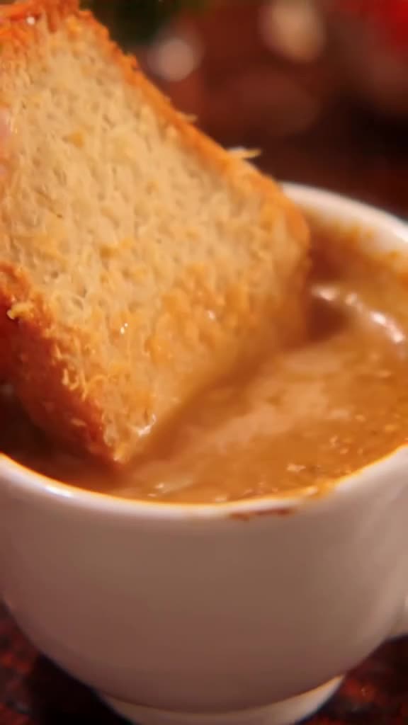 A slice of toast is dipped into a mug of coffee, but the coffee is actually liquid gold w…