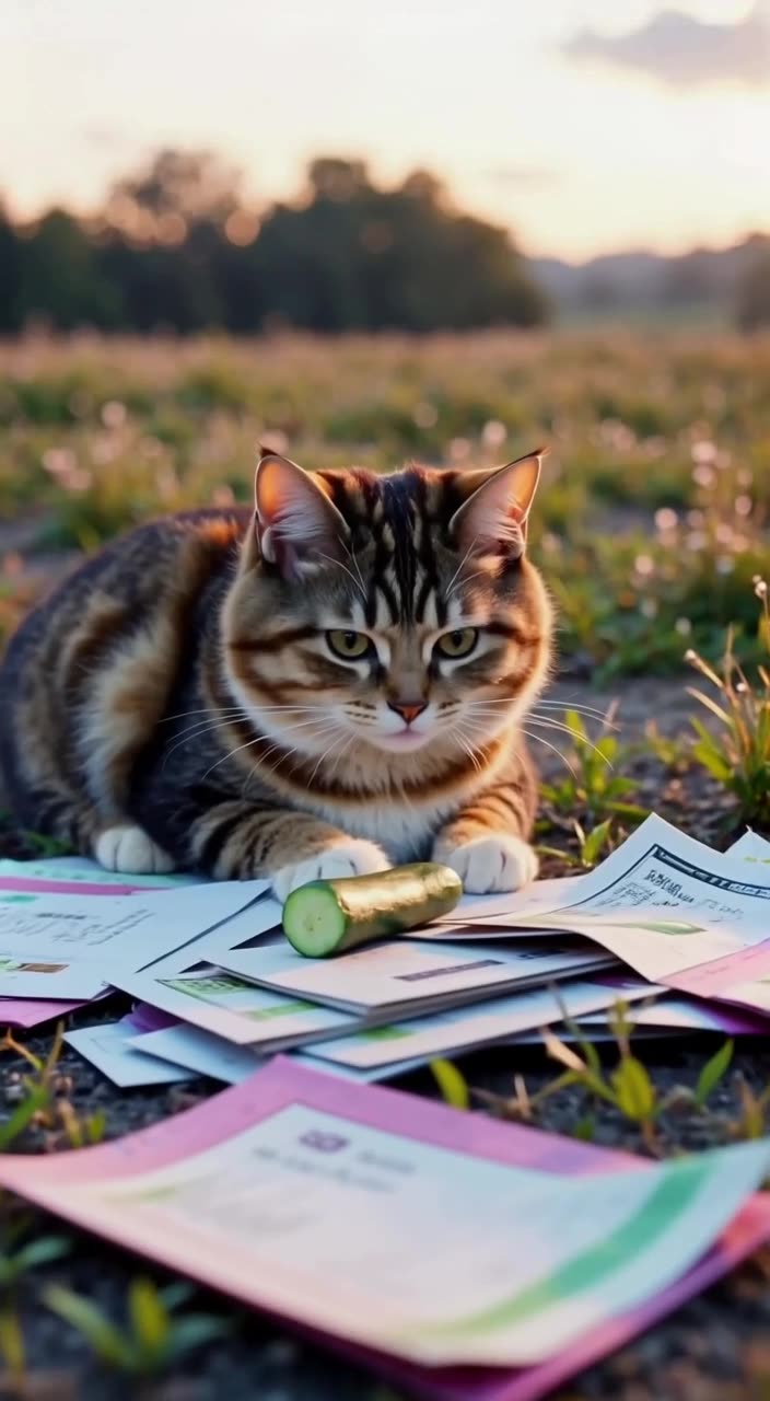 A Scottish Fold cat with big ears watches a cucumber roll toward a pile of unpaid invoice…