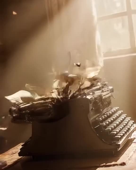 Attic room, beams of sunlight through dust. A vintage typewriter types by itself, letters…