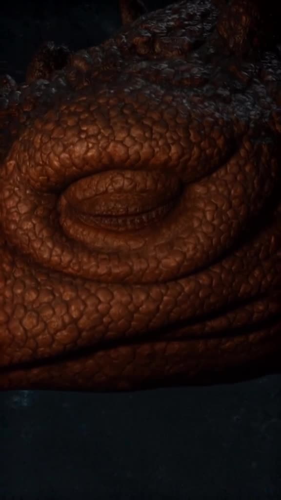 A dragon’s massive, scaly eye opens slowly in a dark cave. It blinks, revealing a tiny, h…