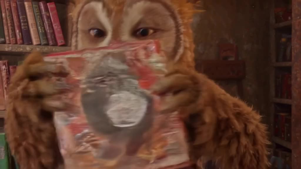 A snowy owl in a librarian cardigan tries to shush a loud crowd by pointing a finger. The…
