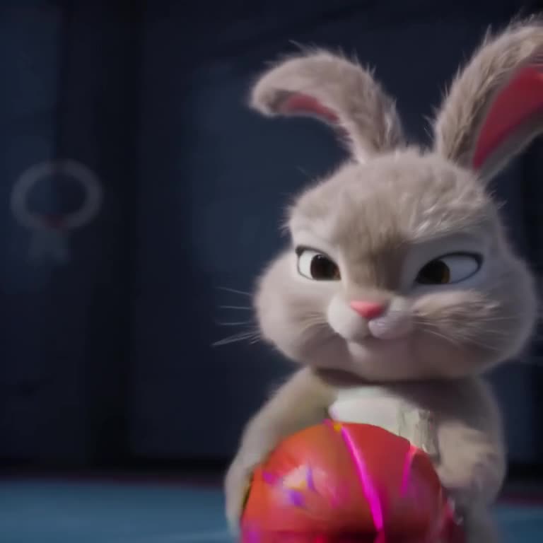 Close-up of a fluffy baby bunny holding a miniature basketball. He blows on the ball, it …
