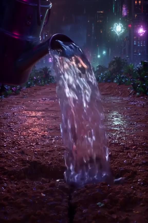 POV of a watering can pouring water into a dry soil crack. The soil instantly blooms into…
