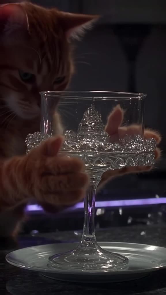 An orange tabby cat paws at a delicate opera glass cake. The cat pulls the bottom layer, …