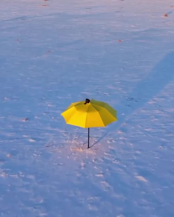 Wide drone shot of a single, bright yellow umbrella planted in the middle of a vast, empt…