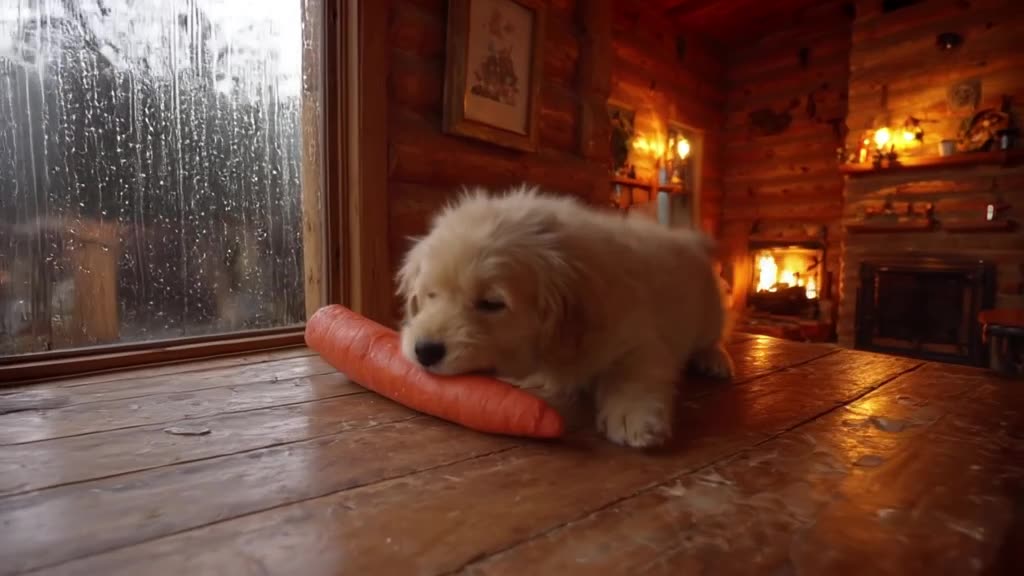 A fluffy Golden Retriever puppy falls asleep mid-bite of a giant carrot on a rustic woode…