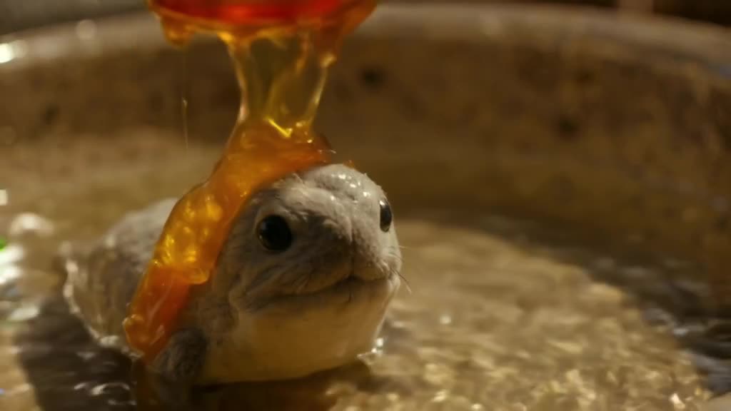 A tiny plush walrus floats in a bowl of clear water. A spoon pours golden honey over its …