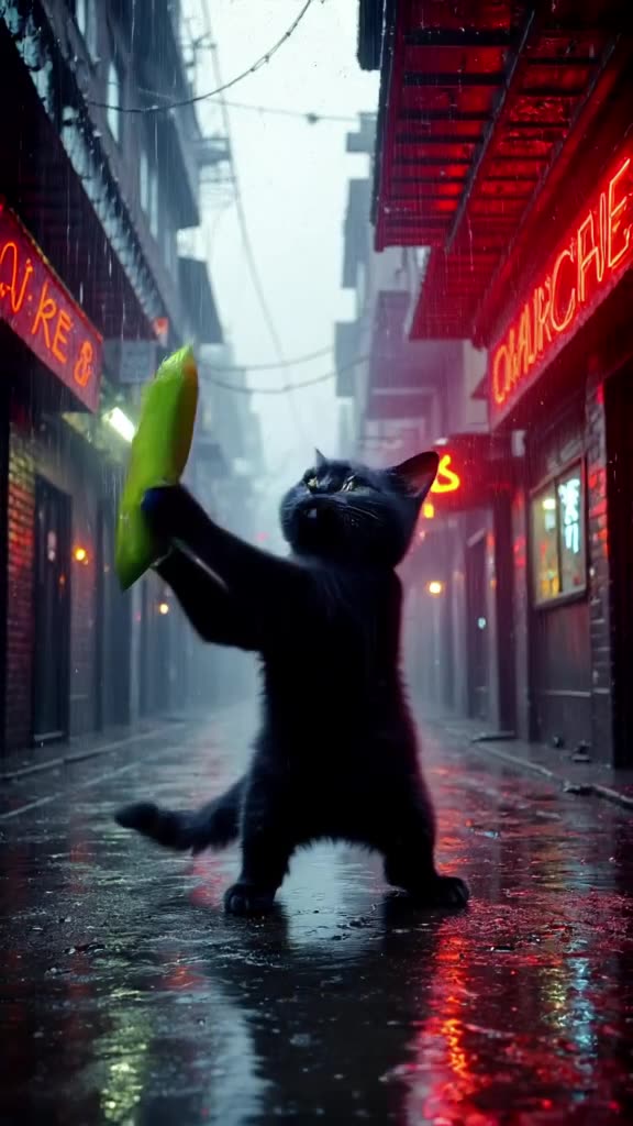 VHS filter grain over a rainy cyberpunk alley. A black cat bats a cucumber under a glowin…