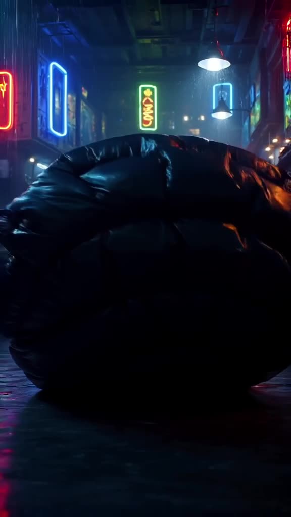 A puffer jacket inflates rapidly in a dark room, illuminated by swinging neon signs that …