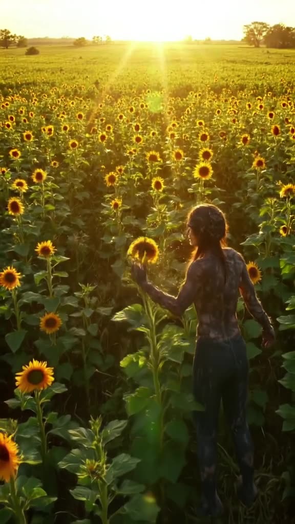 A zombie with long arms stands in a field of sunflowers. It snaps one stem, and the flowe…