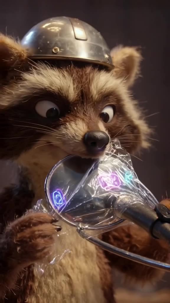A raccoon wearing a tiny helmet peels the protective film off a brand new motorcycle mirr…