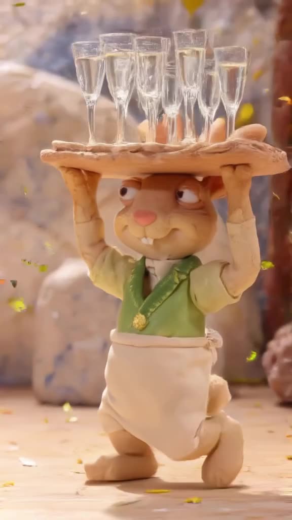 A rabbit in a waiter’s outfit balances a tray of champagne flutes on its head while doing…