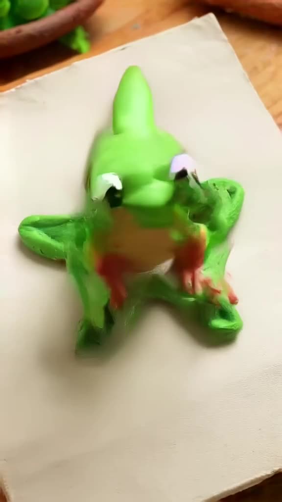A claymation frog jumps onto a canvas, leaving perfect green handprints that form a star.…