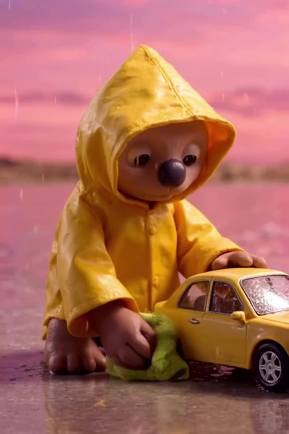 A sloth in a tiny yellow raincoat slowly wipes down a miniature toy car with a microfiber…