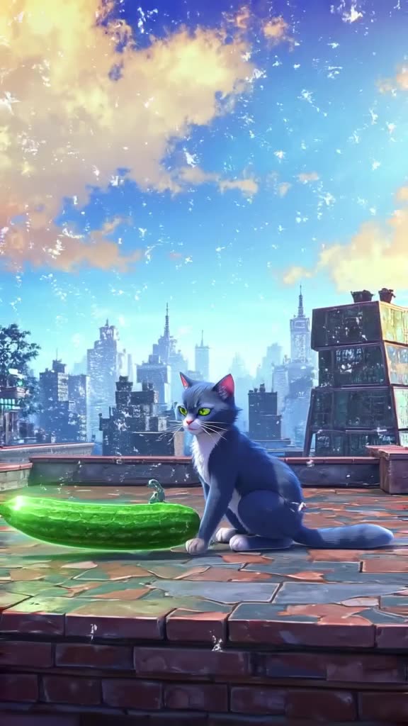 Anime style, vibrant anime sky background. A cat sits next to a cucumber on a futuristic …