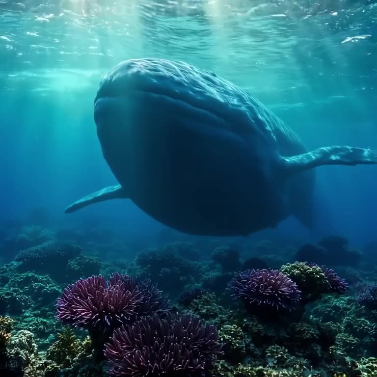 A majestic blue whale glides through a sun-dappled coral reef, its massive shadow sweepin…