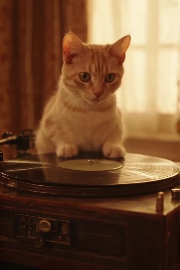 A Siamese cat sits on a vintage record player. The vinyl spins, making the cat’s ears twi…