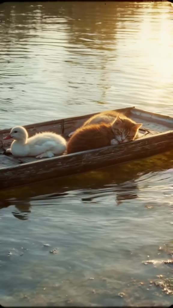 A duckling and a kitten sleeping side-by-side in a rowboat floating down a crystal clear …
