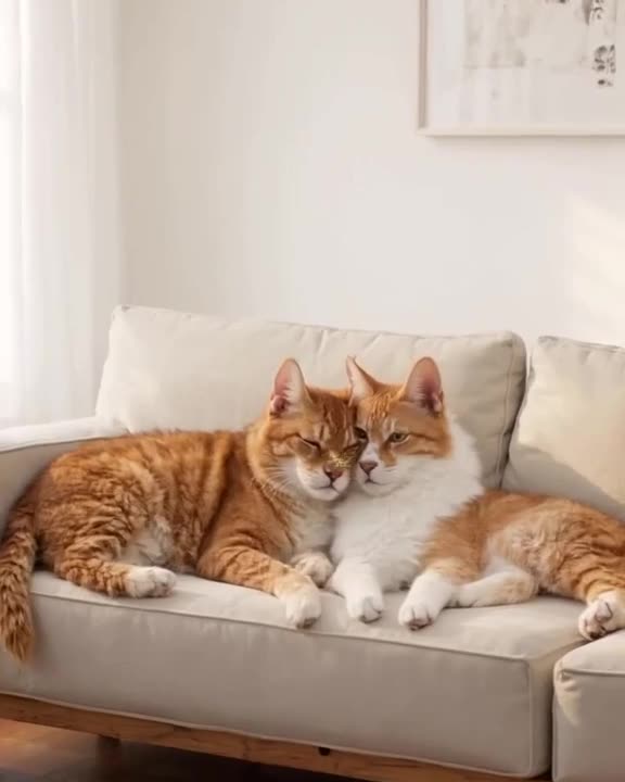 A cat and a dog sleep together on a sunlit sofa, tails intertwined. A butterfly lands on …
