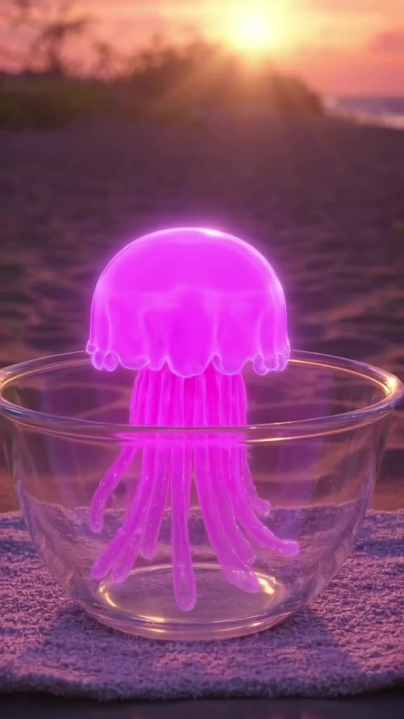 Close-up macro shot of a neon pink jellyfish inside a clear glass bowl on a beach towel. …
