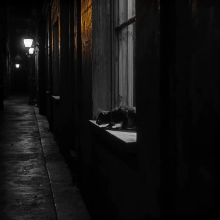 A dark alleyway shadow stretches long. It’s a cat stretching on a windowsill. Warm street…
